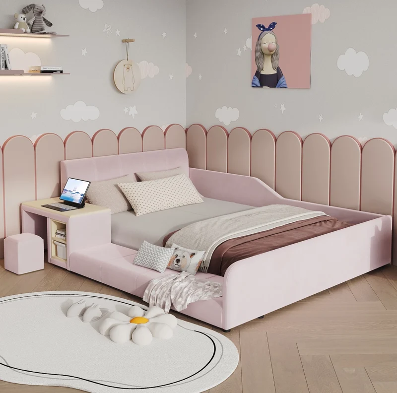 Letto imbottito per bambini rosa 140x200 cm con scrivania