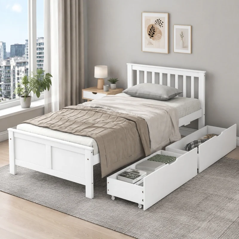 Letto singolo 90x200 cm bianco con 2 cassetti