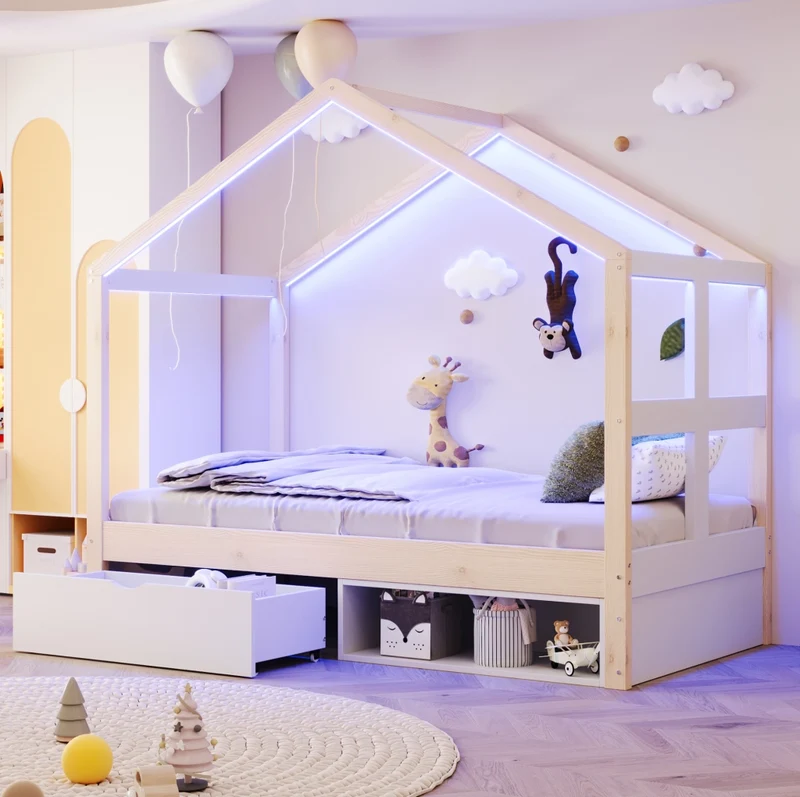 Letto singolo a casetta 90x190 cm con LED, cassetti e scarpiera