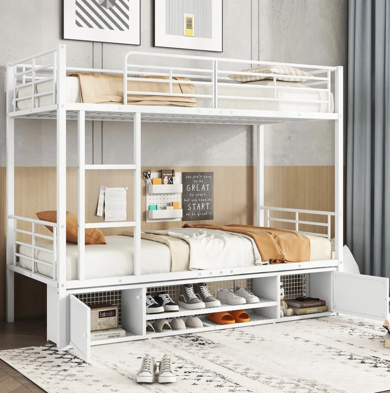 Letto a castello in metallo bianco 90x200 cm con scarpiera