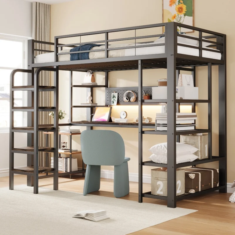 Letto a soppalco 90x200 cm con scrivania, LED e prese, nero