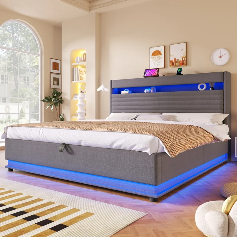 Letto imbottito 180x200 cm con LED, USB-C e contenitore