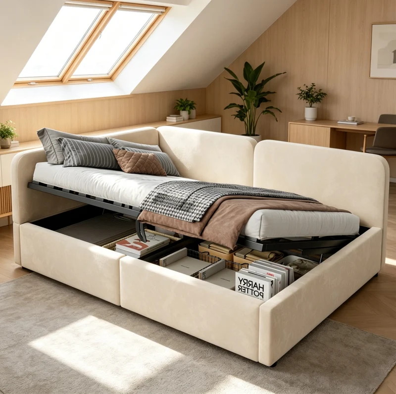 Letto divano in velluto 140x200 cm con contenitore idraulico beige