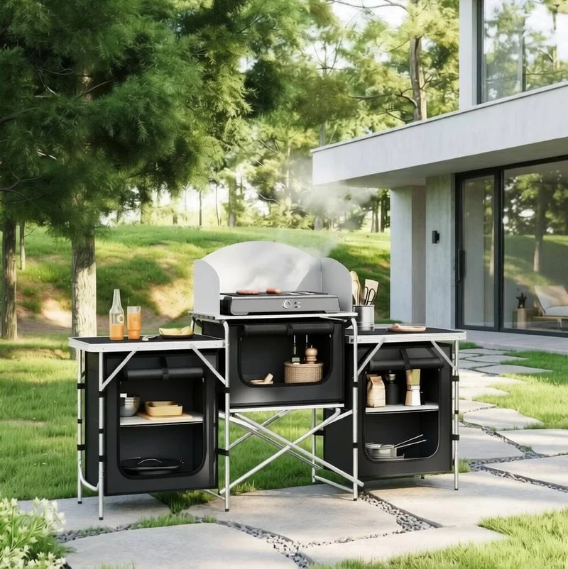 Cucina da campeggio pieghevole nera con 5 scomparti