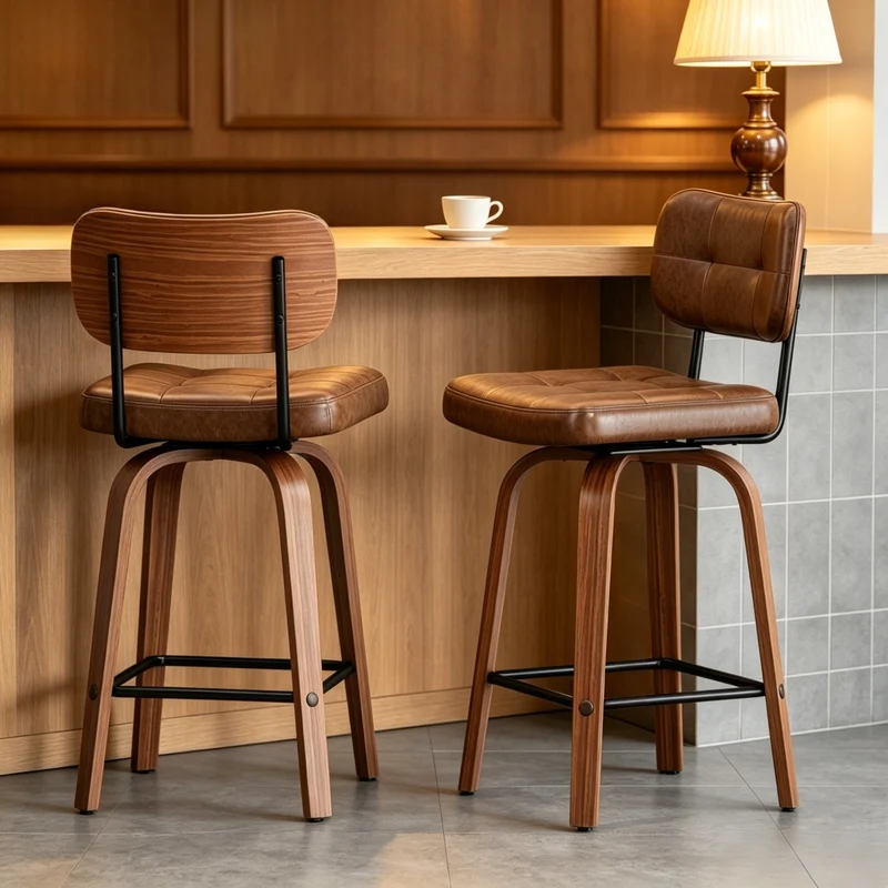 Sgabello girevole con rivestimento in PU e legno noce
