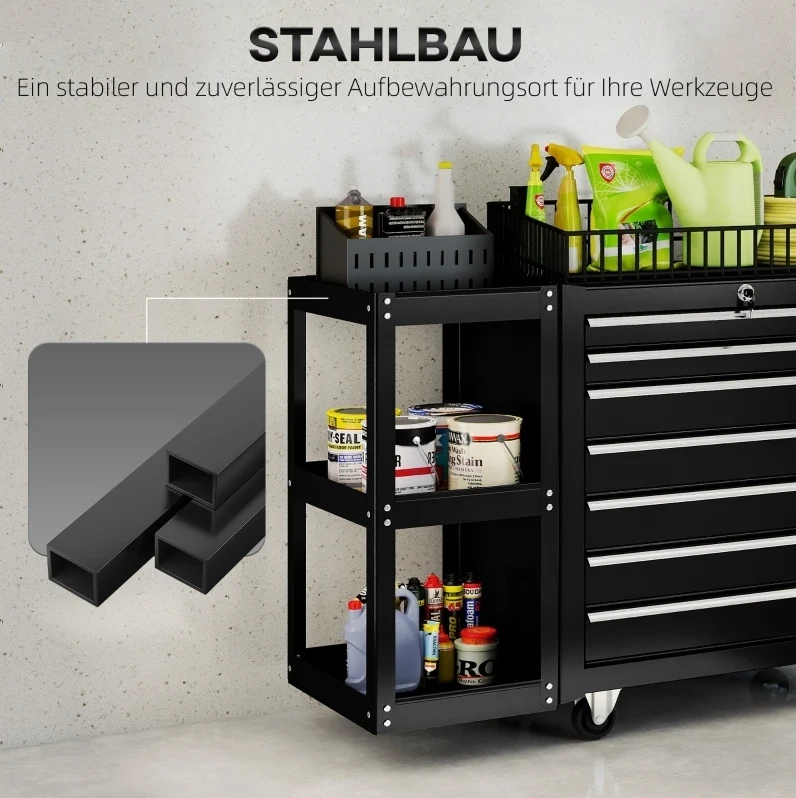 Carrello portautensili nero con 7 cassetti e ripiano removibile