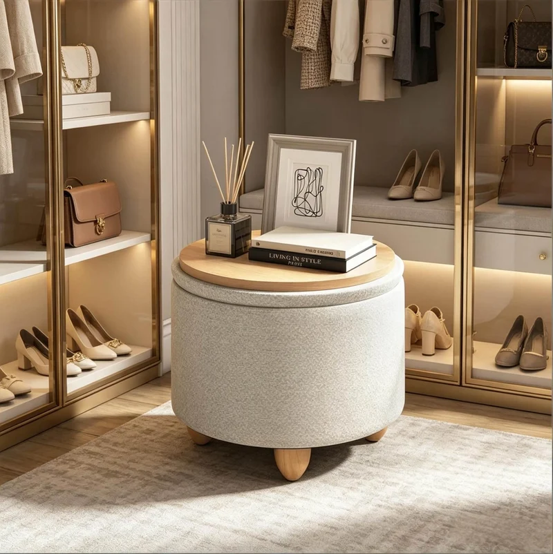 Pouf contenitore rotondo in lino color crema con vassoio
