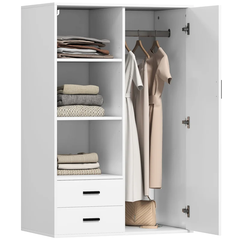 EasyComfort Armadio Moderno con 2 Cassetti, Ripiani Aperti e Vano Appendiabiti, 80x50x124 cm, Bianco