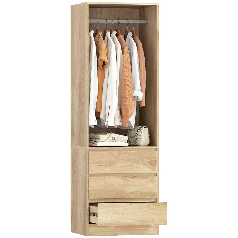 EasyComfort Armadio Guardaroba con Asta Appendiabiti, Ripiano Aperto e 3 Cassetti, in Legno, 60x48.5x185 cm, color Teak