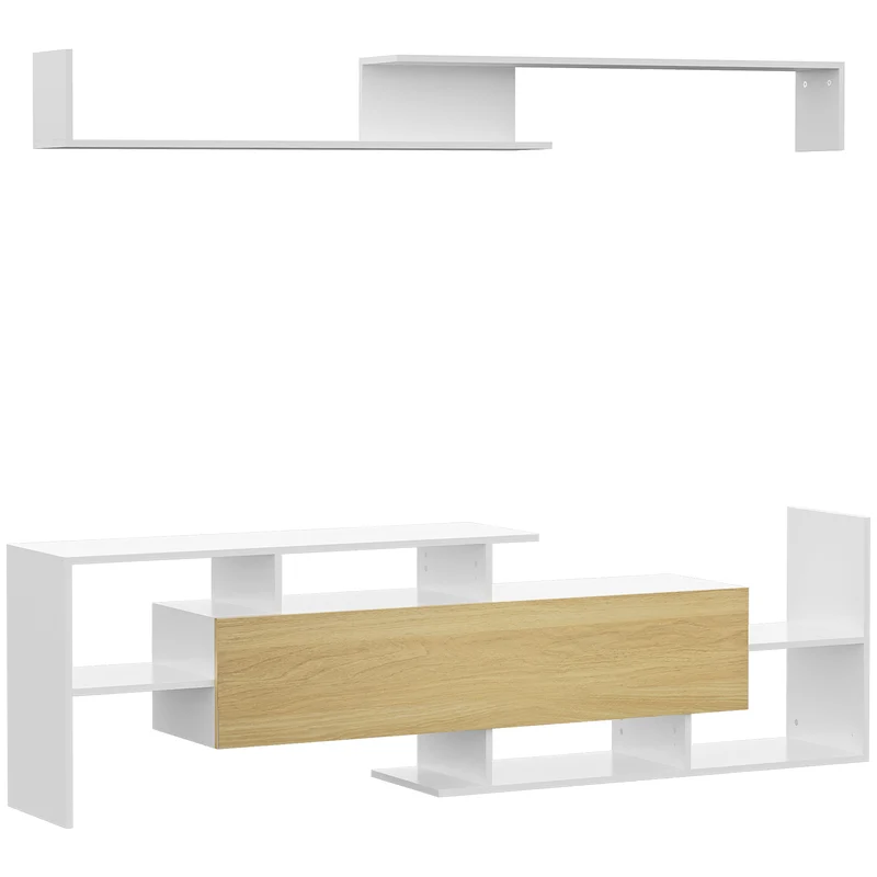 EasyComfort Mobile TV con Mensola a Muro, Ripiani Aperti e Armadietto in Legno, Bianco e Legno Naturale