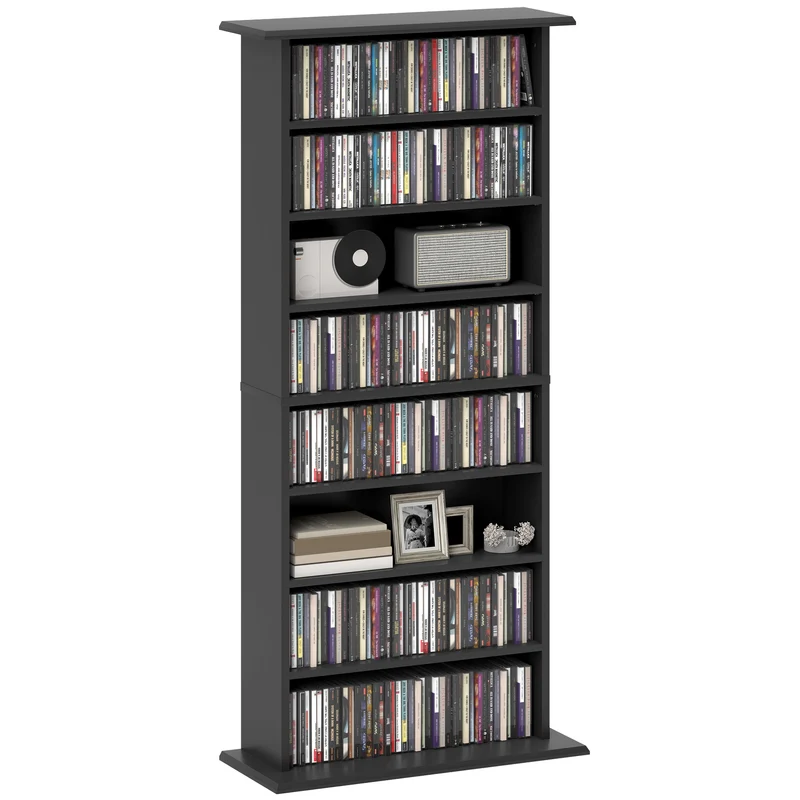 EasyComfort Mobile Scaffale Porta CD con 6 Ripiani Regolabili, Capacità di 360 CD/185 DVD, Design Moderno in Legno 58x24x124.5 cm, Nero