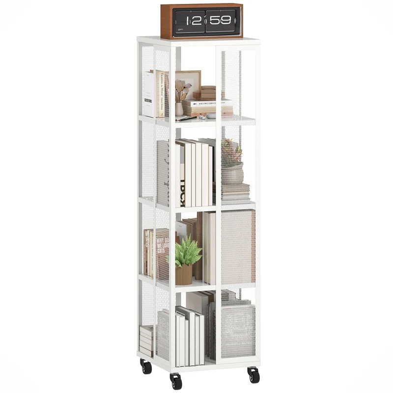 EasyComfort Libreria Moderna a 4 Ripiani in Metallo a Rete con Ruote, 35x35x129 cm, Bianco