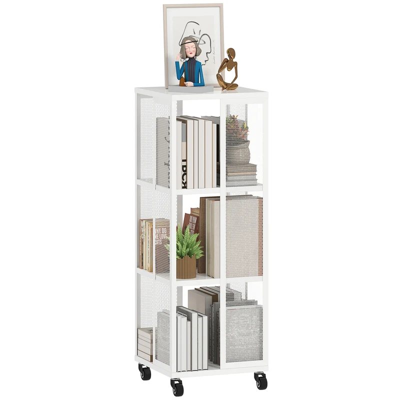 EasyComfort Libreria Moderna a 3 Ripiani in Metallo a Rete con Ruote, 35x35x99 cm, Bianco