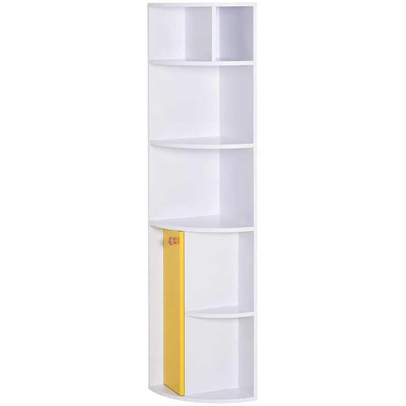 Easycomfort Scaffale Angolare da Parete in Legno Bianco, Mobile Libreria con 5 Ripiani e Armadietto Giallo, Design Moderno, 29.8x29.9x147cm