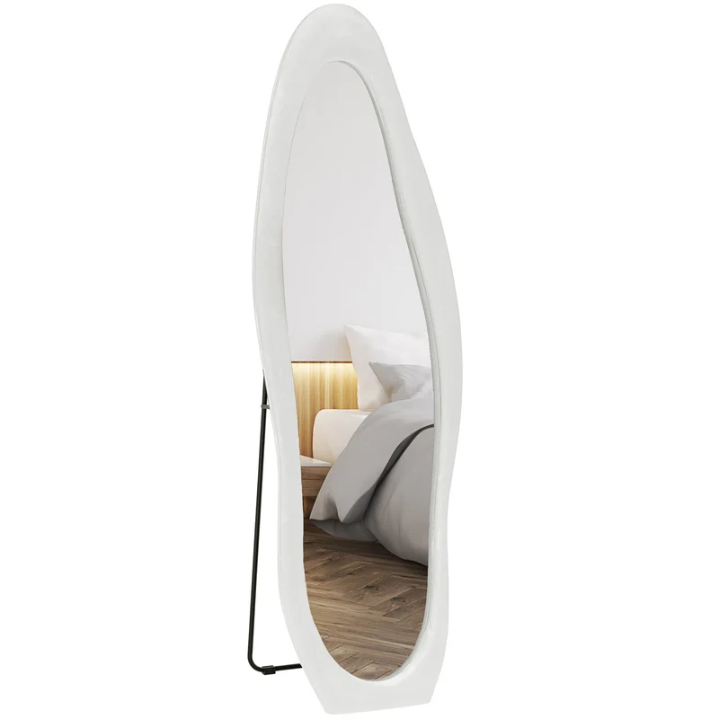 EasyComfort Specchio a Figura Intera con Cornice Ondulata in Velluto, Specchio da Terra e da Parete, 160x50 cm, Bianco