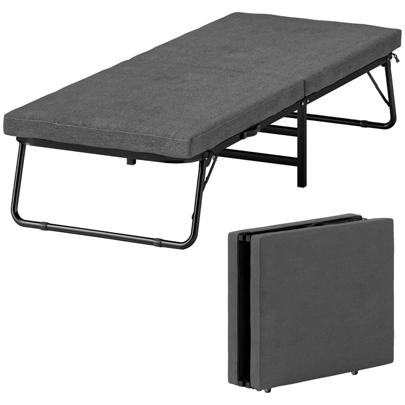 EasyComfort Letto Pieghevole su 5 Livelli con Materasso e 4 Rotelle, in Metallo e Tessuto Effetto Lino, 180x70x38 cm, Grigio