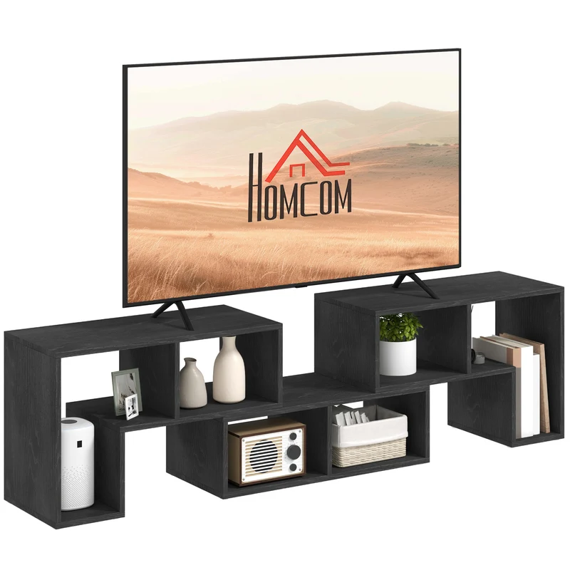 EasyComfort Mobile TV 75" max Modulabile con 2 Ripiani a L e Mensola Rettangolare, in Legno, 134-180x30.5x44 cm, Nero