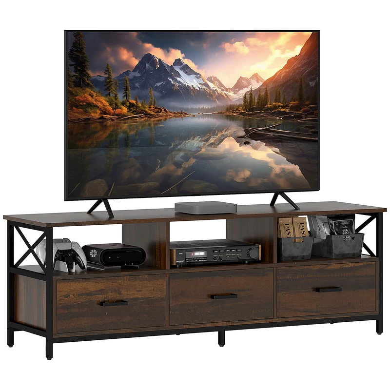 EasyComfort Mobile TV Industriale con 3 Cassetti e 3 Ripiani Aperti, in Legno e Acciaio, 147x40x50 cm, Nero e Marrone