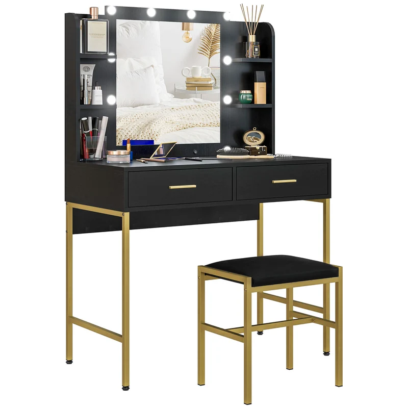 EasyComfort Tavolo da Trucco con 2 Cassetti, 6 Ripiani, Specchio e Sgabello, in Legno e Acciaio, 90x45x132.5 cm, Nero