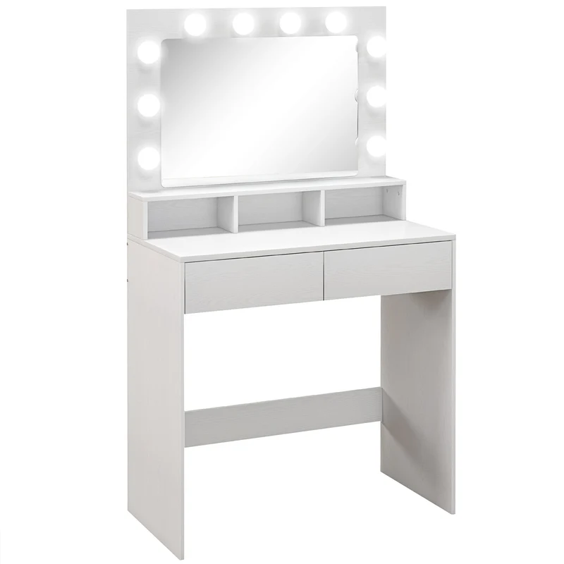 EasyComfort Tavolo da Trucco con Specchio e 10 Luci LED Regolabili, 2 Cassetti e 3 Scomparti, 80x40x135 cm, Bianco
