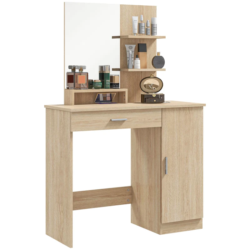 EasyComfort Tavolo per Trucco in Truciolato con Mobiletto, Cassetto, Ripiani Aperti e Specchio, 90x38x138 cm