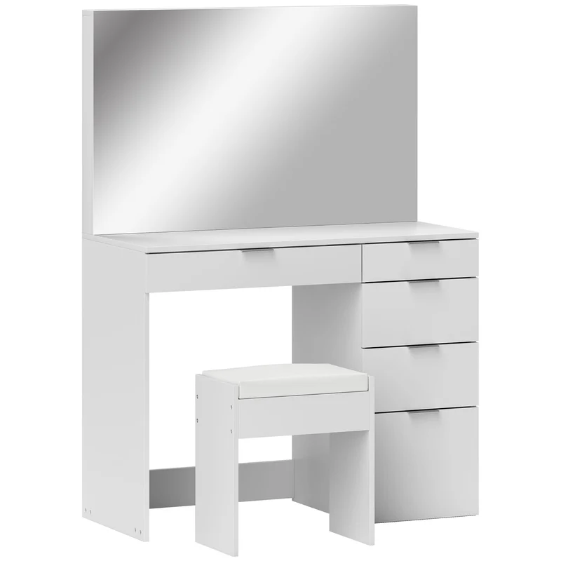 EasyComfort Set Tavolo da Trucco con Specchio e 5 Cassetti 97.2x44.5x136.5 cm e Sgabello Imbottito 40x24x46 cm, Bianco