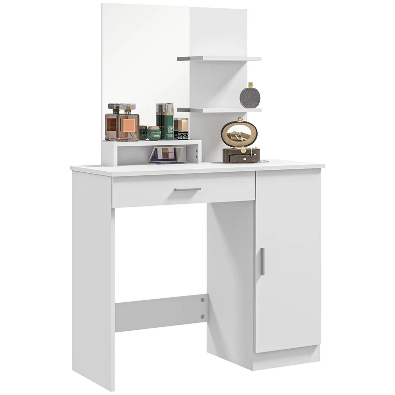 EasyComfort Tavolo per Trucco in Truciolato con Mobiletto, Cassetto, Ripiani Aperti e Specchio, 90x38x138 cm, Bianco