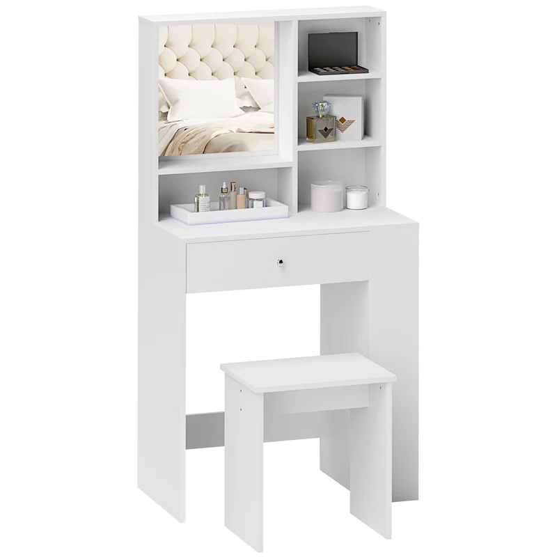 EasyComfort Set Toeletta da Trucco con Tavolino e Sgabello, Specchio e Ripiani in Legno, Bianco
