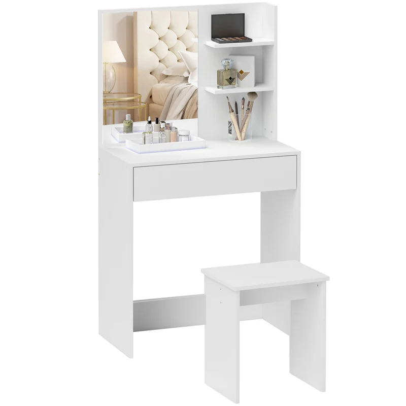 EasyComfort Tavolo da Trucco a 3 Ripiani e Cassetti con Specchio e Sgabello, in Truciolato, 75x40x137 cm, Bianco