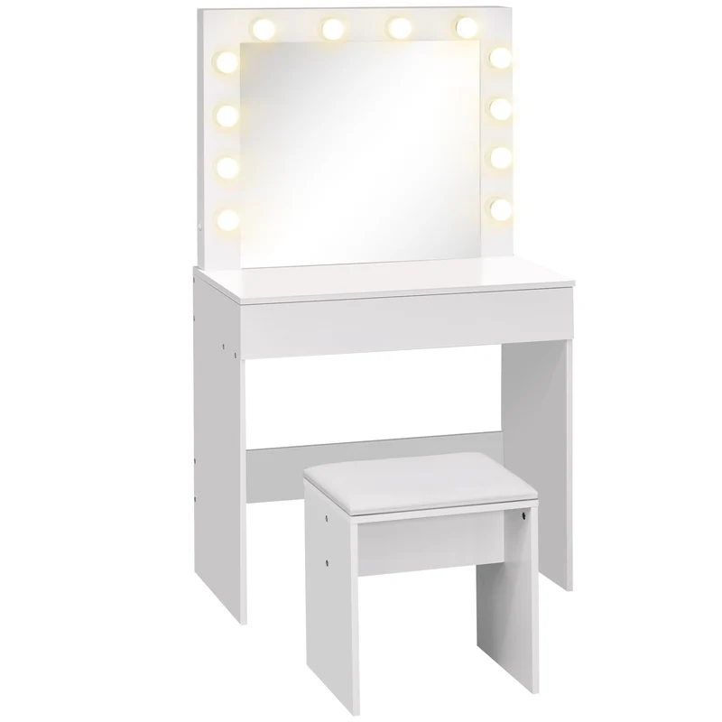 Easycomfort Set Tavolo da Trucco Toeletta con Specchio, 12 Luci LED, Sgabello Imbottito e Ampio Cassetto in Legno, 80x40x140 cm, Bianco