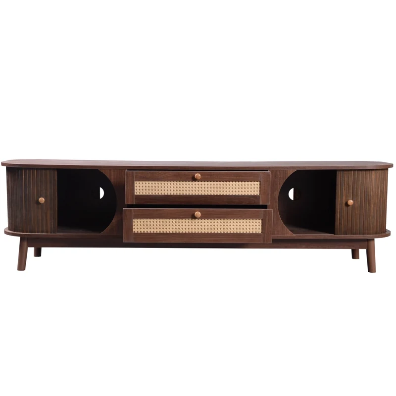 Mobile TV con ante scorrevoli e cassetti in rattan, stile rustico per soggiorno, in MDF naturale, 170 × 39.5 × 46 cm
