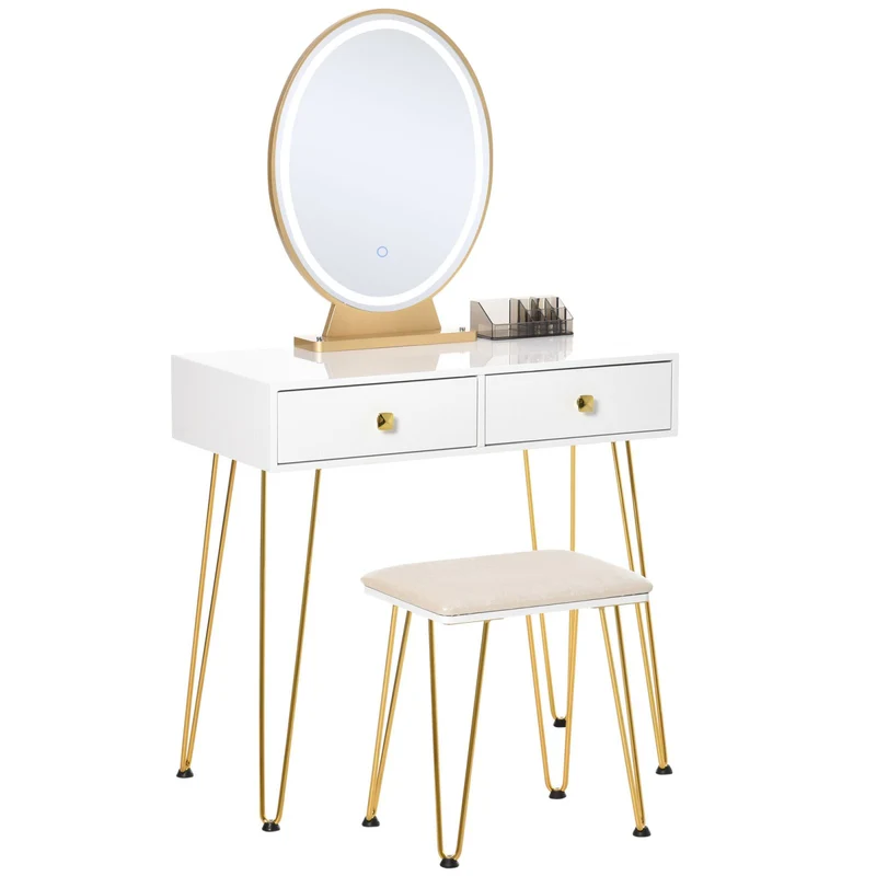 Easycomfort Toeletta con Specchio Luci a LED in Stile Industriale, Tavolo per Trucco con Sgabello, Mobile Toeletta con Interruttore Touch, Bianco