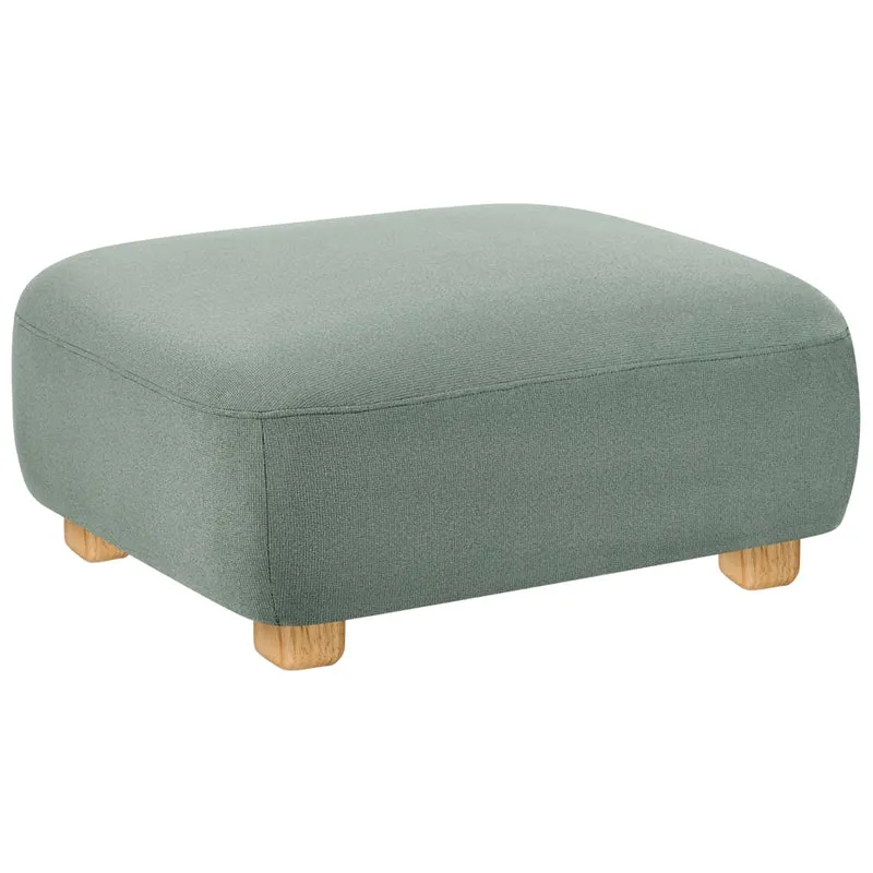 Pouf ottomano rettangolare imbottito in tessuto verde chiaro idrorepellente, modulo divano con gambe in legno, modello moderno monoposto