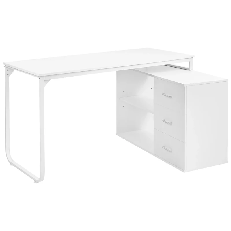 Scrivania da ufficio domestico angolare con 2 ripiani e 3 cassetti Pannello truciolare Gambe in ferro 140 x 100 cm Bianco
