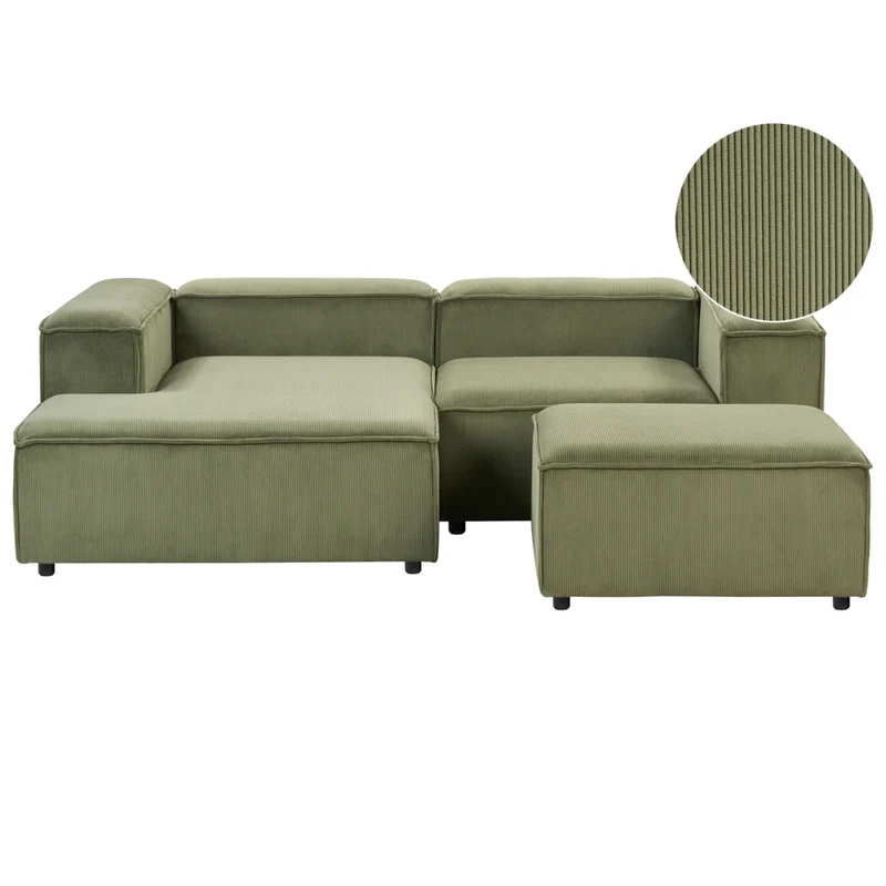 Divano angolare modulare velluto a coste verde 3 posti lato destro con pouf Gambe nere Soggiorno moderno