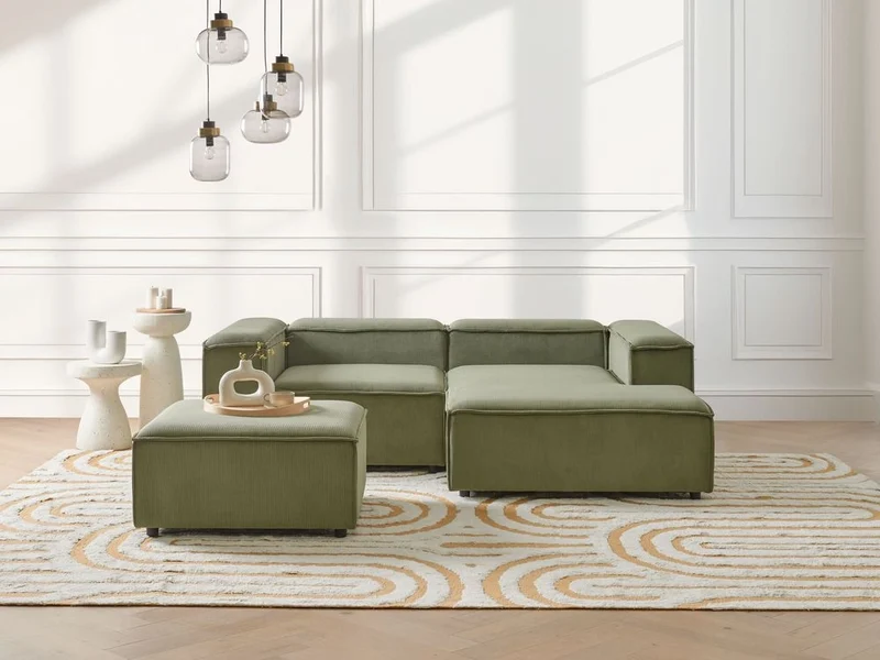 Divano angolare modulare velluto a coste verde 3 posti lato sinistro con pouf Gambe nere Soggiorno moderno