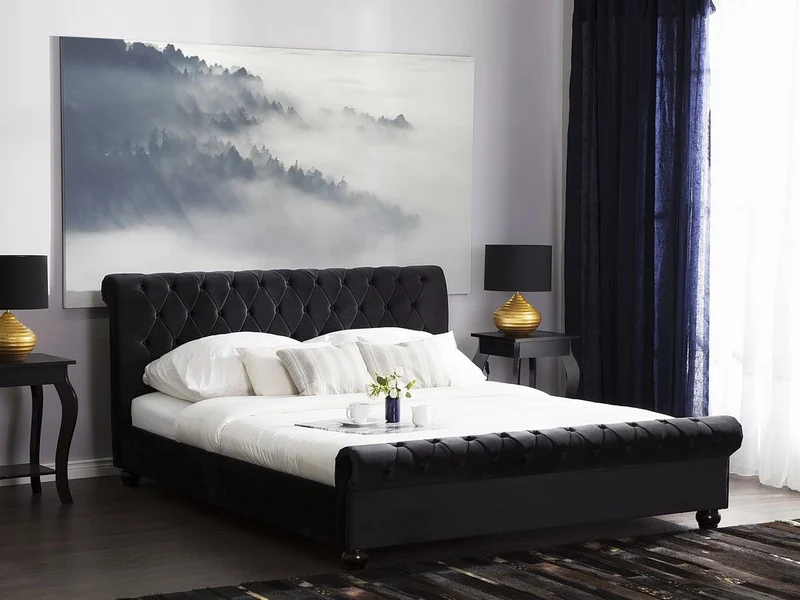 Letto ad acqua in velluto nero 180 x 200 cm con testiera trapuntata glamour
