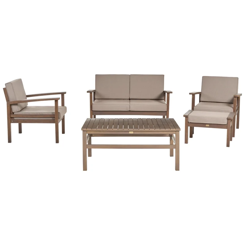 Set Divani Da Giardino Taupe Cuscini In marrone scuro Di Acacia Certificato 4 Posti Con Tavolo Set