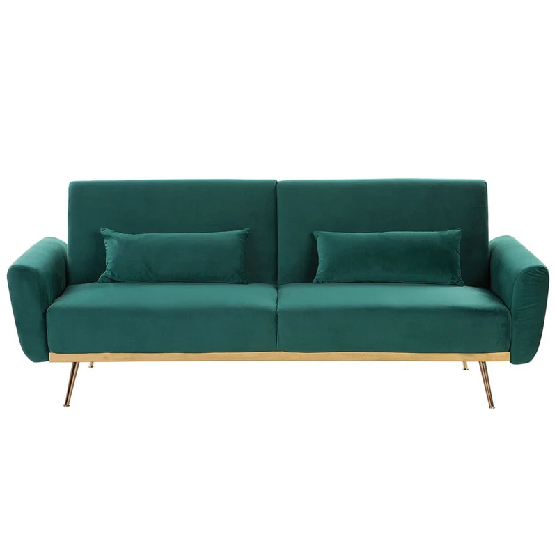 Divano Letto Velluto Verde 3 Posti Gambe In Metallo Cuscini Aggiuntivi Retro