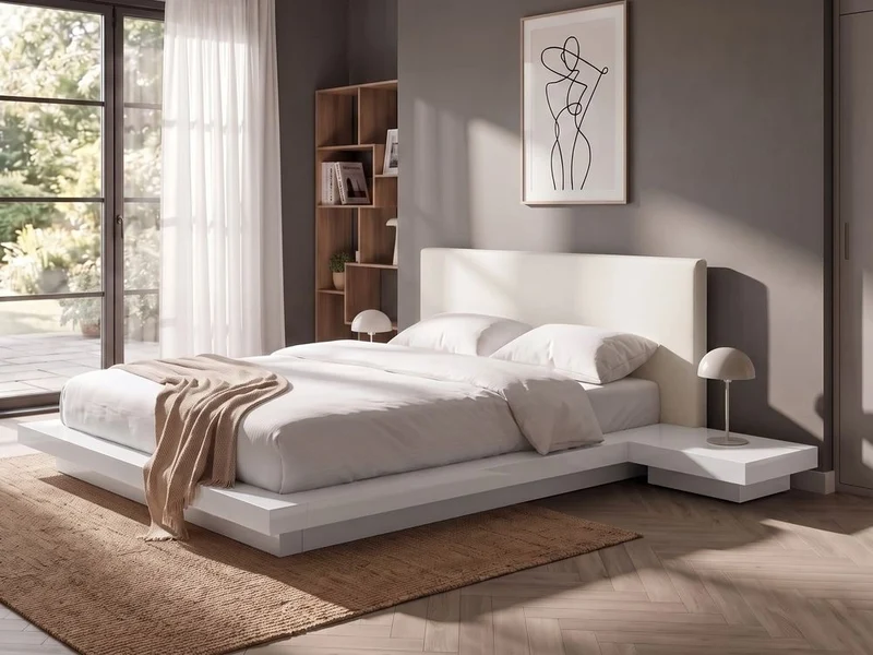 Letto giapponese bianco 160 x 200 cm Letto in legno a basso profilo Camera da letto