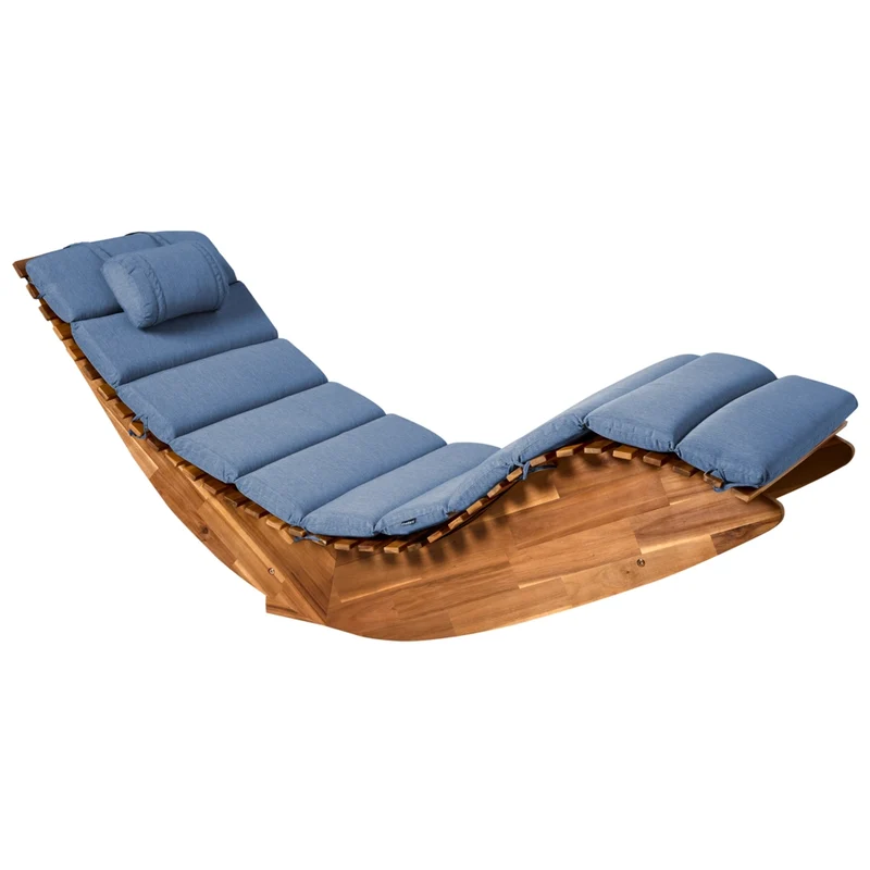 Lettino da sole marrone e blu in legno di acacia con rivestimento in tessuto, cuscino idrorepellente e resistente ai raggi UV