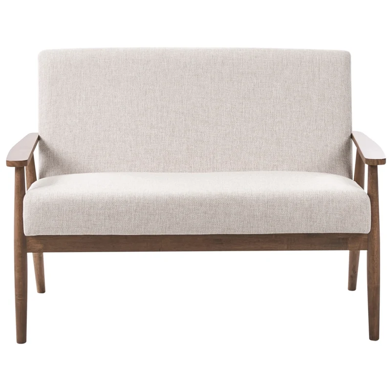 Divano da salotto a 2 posti in tessuto e struttura in legno beige e marrone scuro struttura in legno stile retrò