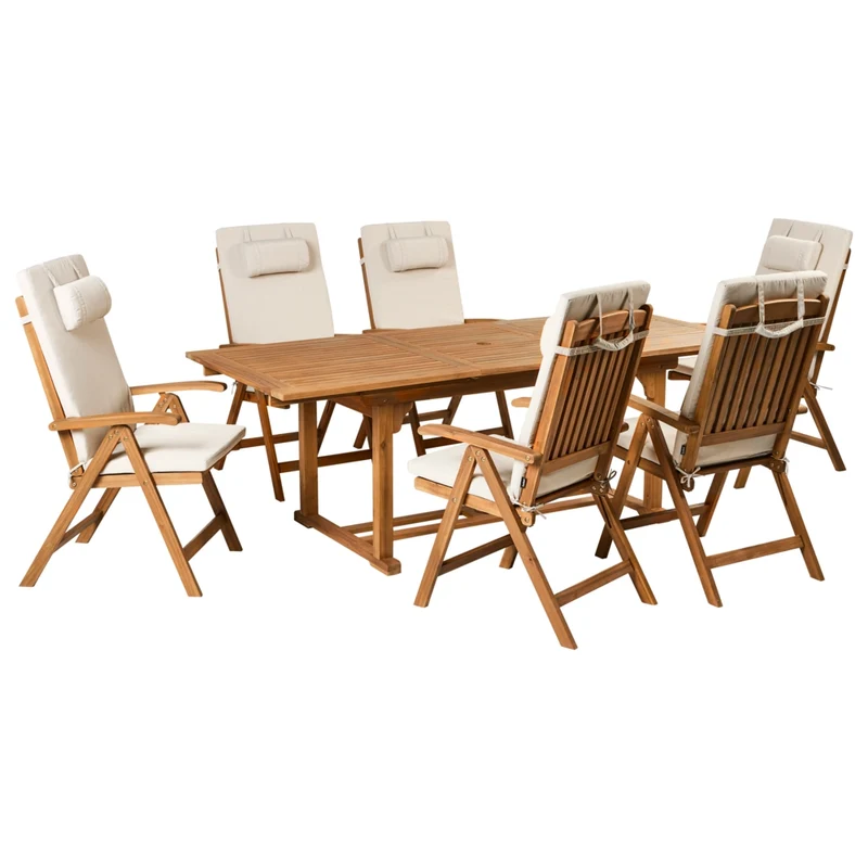 Set da pranzo da giardino a 6 posti in legno di acacia e sedie pieghevoli con cuscini beige chiaro regolabili per esterni in stile country