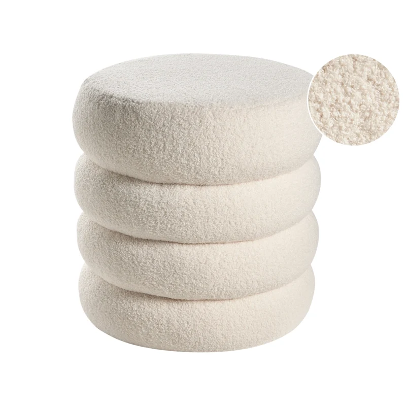 Poggiapiedi Bianco sporco Boucle Round Pouf imbottito Glam Ottomane Mobili Soggiorno
