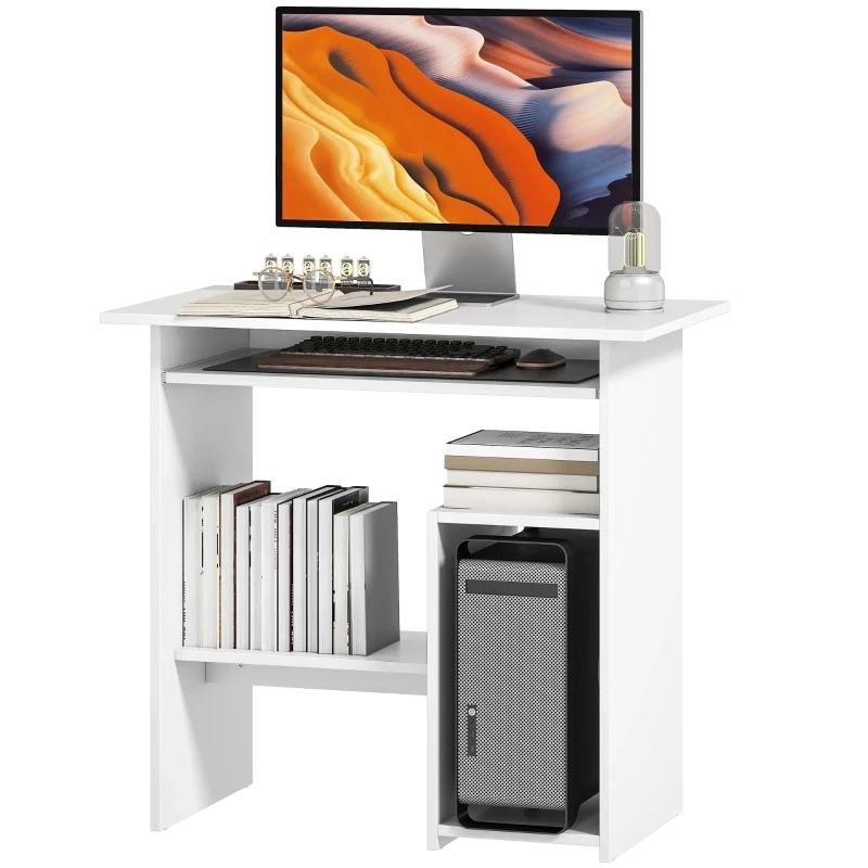 Scrivania 80 x 45 cm, scrivania per computer, scrivania da ufficio con ripiano per tastiera, ripiani aperti e superfici di appoggio, pannello truciolare, per home office e camera da letto, bianca