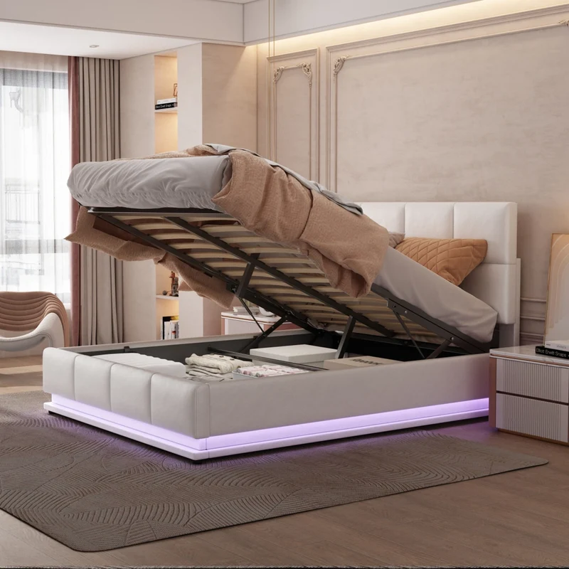 Letto imbottito 140 x 200 cm con illuminazione LED e contenitore idraulico sollevabile, cassettone e rete a doghe, rivestimento in ecopelle - Bianco