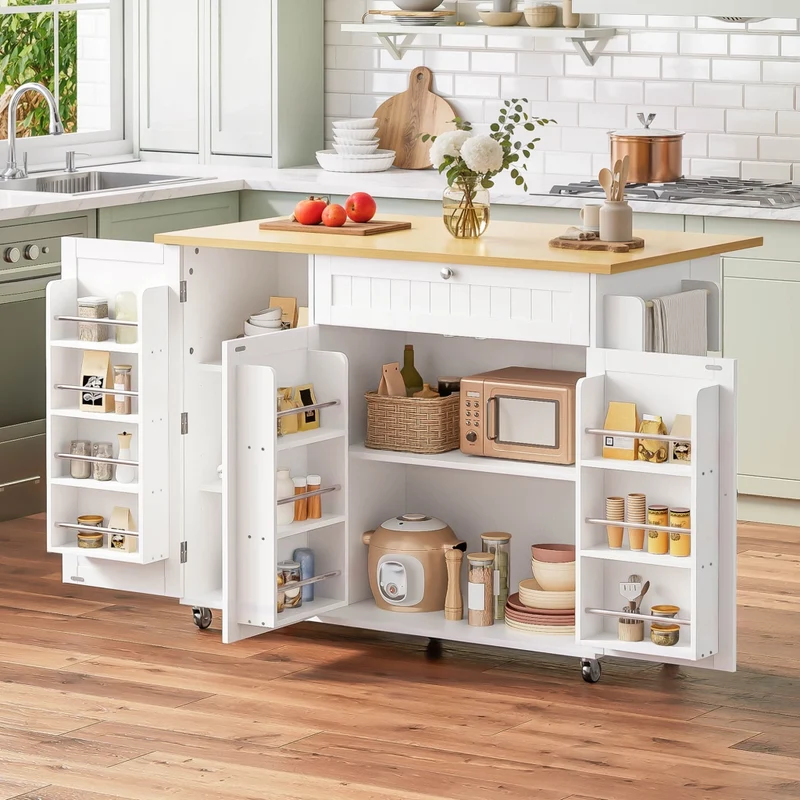 Isola da cucina mobile con piano ribaltabile; mensole nelle ante e cassetto; legno e bianco; 120x45(70)x92 cm