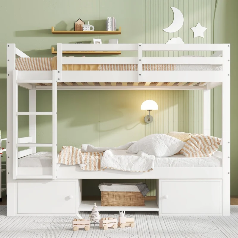 Letto a castello per bambini con scarpiera e armadietti, divisibile in 2 letti singoli - Bianco 90x200 cm