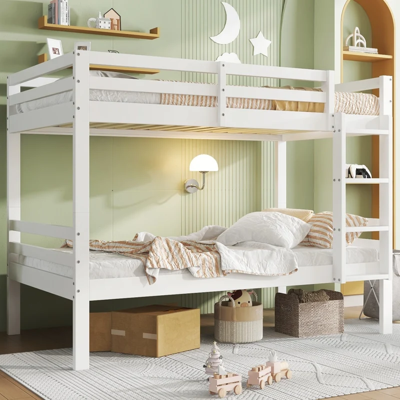Letto a castello in pino 90x200 cm divisibile in 2 letti singoli, scala a L, bianco