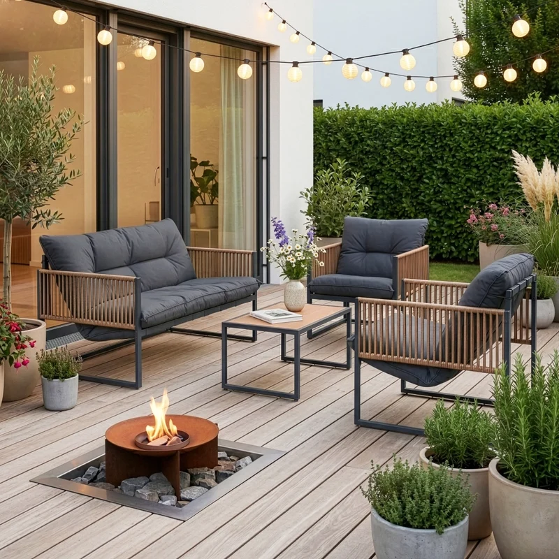 Set Salottino da Giardino Karg di 4 Mobili Tavolino Divano e 2 Poltrone - Grigio Scuro / Effetto Rattan casa.pro
